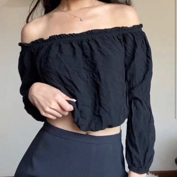 Arden B Tops - Arden B Off The Shoulder Long Sleeve Tie Ruffle Lace Black Top